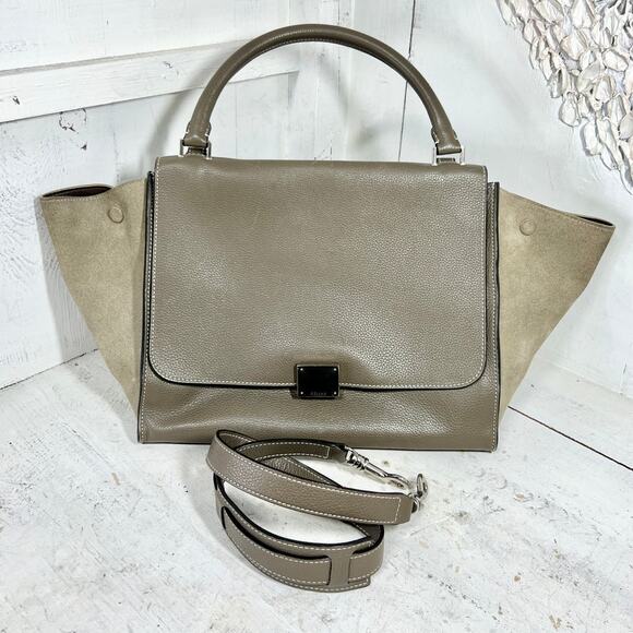 Celine Trapeze Souris Drummed Leather Top Handle Medium Flap Handbag Gray - Picture 2 of 16